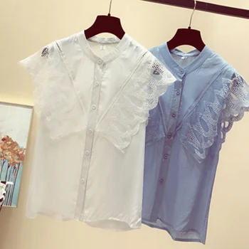 Лято 2021 дамски потници и блузи корея, модни дрехи однотонная риза дамски елегантен лейси Лоскутная Blusas 9356 50