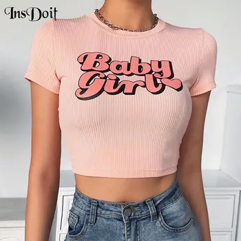 InsDoit Women Casual Letter Print Short Sleeve Pink T Shirt Streetwear O Neck Bodycon Crop Tshirt лятна мода памучни тениски