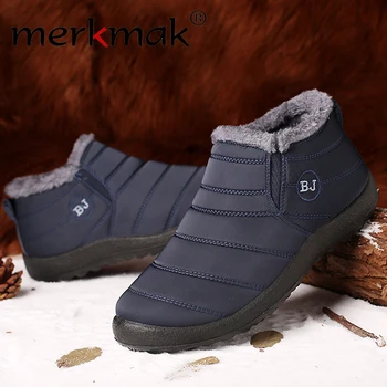 Merkmak на Мъже, Жени зимни обувки плюс кадифе топъл сняг ботильоны нескользящие водоустойчив ежедневни маратонки голям размер на 47 Мъжки обувки