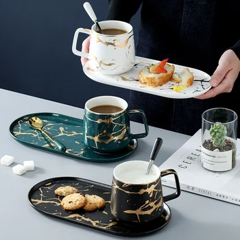 Керамични чаши и чаши скандинавски кафе, мляко, следобеден чай, чаши за закуска с блюдцем и лъжица десерт чиния комплект за един човек