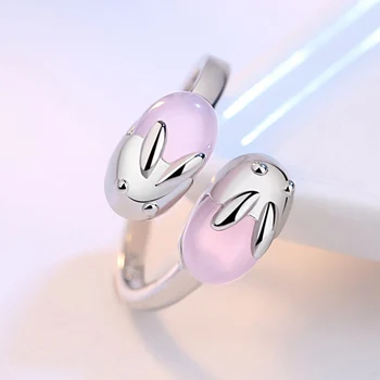 Изискан прекрасен Заек животно пръстени за жени, Дамски модни сладък розов опал камък Откриването на пръста си пръстен бижута Anillos Mujer