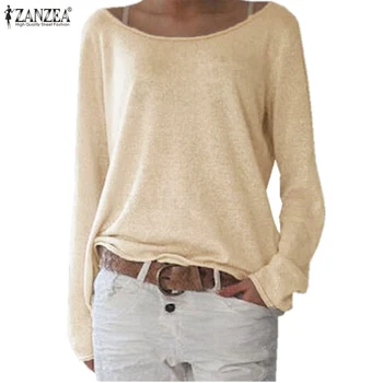 Zanzea Shirt Women Spring Top 2021 Female O Neck Long Sleeve Shirt Ежедневни Тениски Върховете Solid Knitted Blusas Plus Size S-2XL