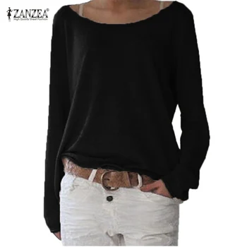 Zanzea Shirt Women Spring Top 2021 Female O Neck Long Sleeve Shirt Ежедневни Тениски Върховете Solid Knitted Blusas Plus Size S-2XL