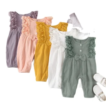 Комплект дрехи от две части за малки момичета без ръкави, с кръгла яка гащеризон + прическа, розово/ бяло/ лилаво/ зелено/ жълто