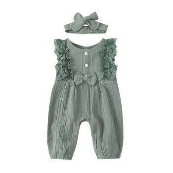 Комплект дрехи от две части за малки момичета без ръкави, с кръгла яка гащеризон + прическа, розово/ бяло/ лилаво/ зелено/ жълто