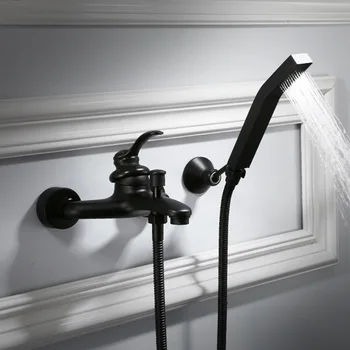 Черен месинг покритие баня класически смесител за душ комплект / стенен смесител за баня смесители / ръчен душ с пързалка-бар
