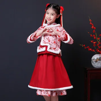 Момичета китайски рокля зима Коледа обличам децата на Нова година Рокля Рокля Qipao династия Цин облекло народно източното рокля TA1315
