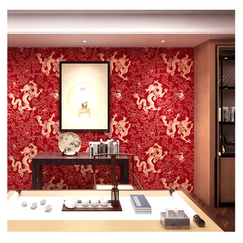 2020 Нов Китайски Класически Стил Червен Дракон Модел Вход Чаен Дом Хотел Ресторант Тапети Хол Papel De Parede