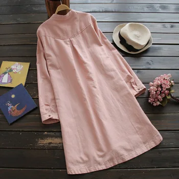 Жена нова пролет есента рокля мода с дълги ръкави облекло чист памук бельо, риза бяла рокля розов one piece dress японски