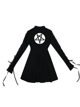 2019 Есен Зима готик пънк секси выдалбливают трапециевидные мини-рокля мода дантела рокля с дълъг ръкав плътен черен къса рокля
