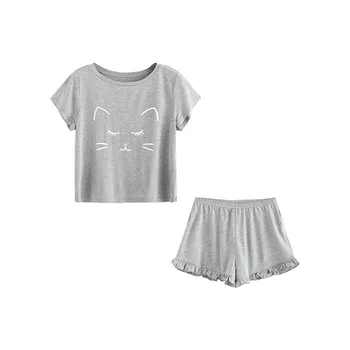 MUQGEW пижами за жени домашни дрехи Дамски ежедневни котка шорти с къс ръкав взъерошенная тениска пижама комплект пижам#g2