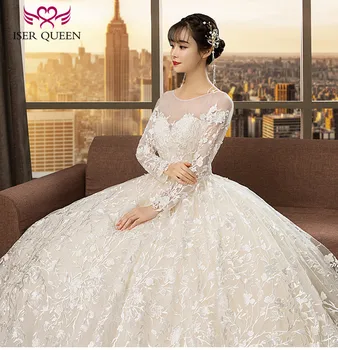 Дълъг ръкав прозрачна врата е нова мода бродерия за месец арабски булчинска рокля топка рокля плюс размера на сватбена рокля WX0117