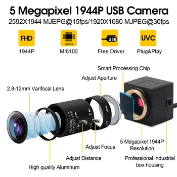 5.0 мегапикселова камера за наблюдение USB уеб Камера 2592x1944 Mjpeg YuY2 2.8-12mm варифокальный обектив 1/2.5 Aptina MI5100 CMOS, USB Video Camera