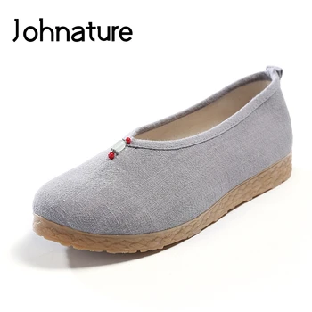 Johnature памук обувки ежедневни цветя приплъзване на кръгла чорап твърдо нова пролет / есен апартамент низ от мъниста национален стил Дамски обувки
