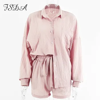 FSDA 2021 лято есен с дълъг ръкав топ риза на жената и шорти всекидневни женски комплект черен комплект от две части, без облекло женски