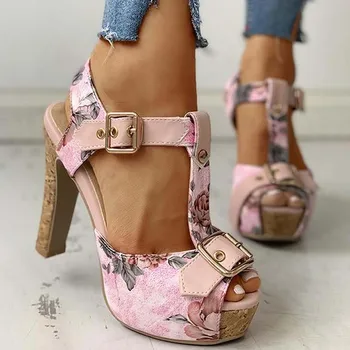 RIBETRINI голям размер 46 гореща разпродажба на Дамски обувки за жени с отворени пръсти цветя ключалката блок петата сандали, летни сандали на платформа