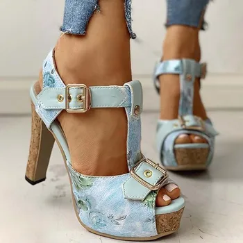 RIBETRINI голям размер 46 гореща разпродажба на Дамски обувки за жени с отворени пръсти цветя ключалката блок петата сандали, летни сандали на платформа