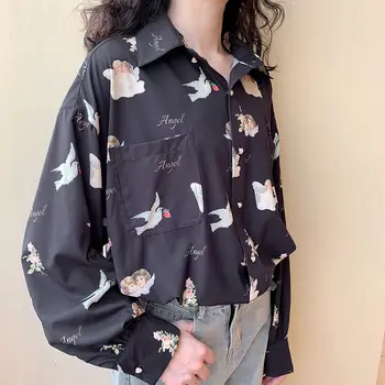 Ризи Женски с принтом луксозен пуговица отложной яка ретро Harajuku студентите ежедневни горещи продажба ежедневни блузи градинска облекло пролет женски