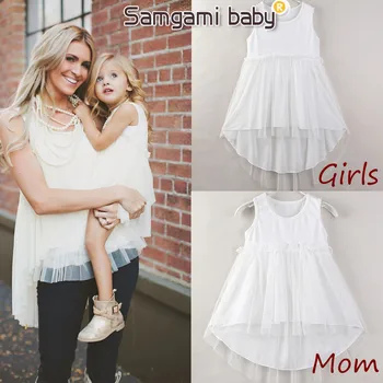 SAMGAMI BABY Parent Child Outfit White Net Yarn Vest Върховете Mommy and Me Family Matching Clothes Toddler Girls Summer Clothing