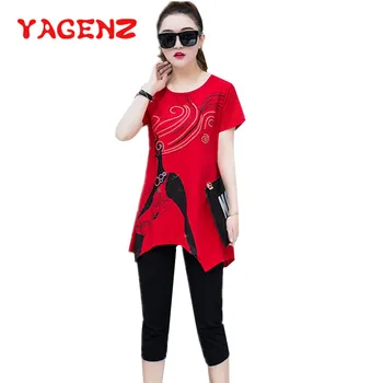 YAGENZ плюс размер от две части комплект летни дрехи за жени, мода за печат спортен костюм за жени 2 бр. комплект с къс ръкав блузи панталони 689