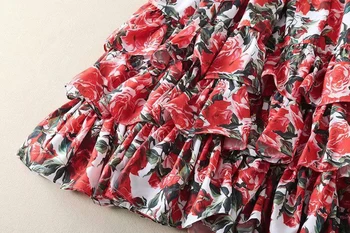 Високо качество 2020 лято нова мода червена роза печат листа на лотос отстрани каскадно торта тип секси колан, плажен стил женствена рокля