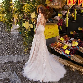 Секси сватбени рокли на русалка с подвижна влак с дълъг ръкав мъниста аппликацией дантелено сватбена рокля на принцеса boho сватбени рокли