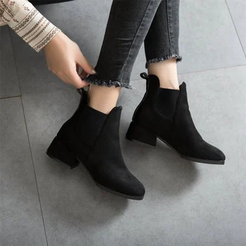 Дамски обувки есен дами ботильоны велур-черен челси ботильоны приплъзване на дамски ежедневни дебели токчета мода комфорт женски гореща