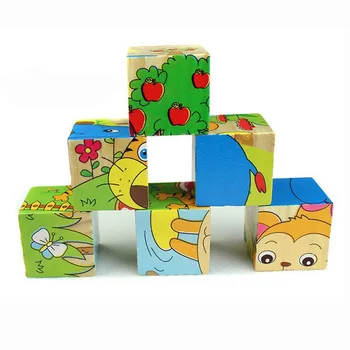Дървени животни пъзел детски играчки 6 страни мъдрост пъзел ранното образование образователни играчки танграм е Детска игра 9шт един 3D пъзел