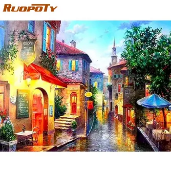 RUOPOTY Oil Picture By Numbers 60x75cm Frame River House Landscape Painting By Number HandPainted Acrylic Art Занаятите Wall Decor