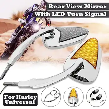 Двойка на мотоциклет на страничните огледала за обратно виждане с led сигнална лампа завоя универсални метални огледала за обратно виждане черна / хром за Харлей