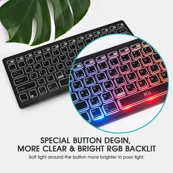 Rii Bluetooth 4.0 безжична многоцветен дъгова led клавиатура със задно осветление с акумулаторна батерия за iOS, Android и MacBook