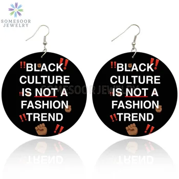 SOMESOOR Educated Afro Queen Wooden Drop Earrings Black Culture Strong Sayings African Photos Wood Jewelry For Women Gifts