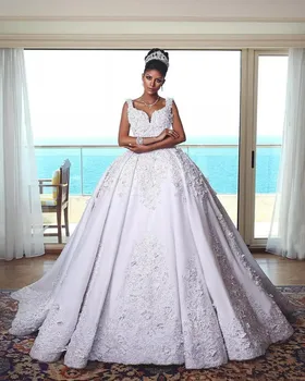 Custom Made 2021 New Fashion Wedding Dresses Empire Подпухнали Сатен Дантела Appliques Flowers Vintage Luxury Bridal Wedding Dresses TH02