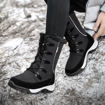 JZZDDOWN трекинг открит MidCalf модни ботуши микрофибър Дамски ботуши обувки жена туризъм зима топъл плюш дамски обувки за сняг