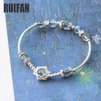 Ruifan Лъки Чар хексаграм натурален сив Лунен камък синя светлина гривна от сребро 925 Дамски гривни дамски бижута YBR032