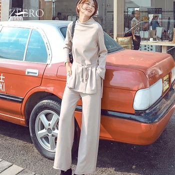 2020 Есен Зима корейски женски crochet 2 бр. Комплект случайни Полувысокий яка пуловер пуловер, потник + широки панталони панталони костюм