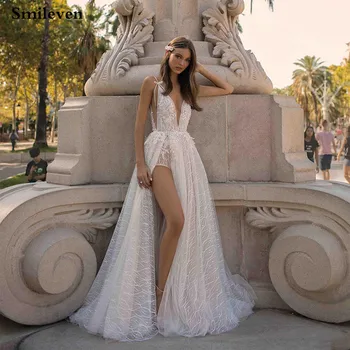 A-line пенливи дантелени сватбени рокли 2021 Spaghetti Straps Side Split Beach Bride Dresses vestido de casamento Boho