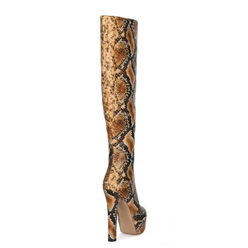 Aiyoway Елегантна Платформа Коляното Високи Обувки Змийска Кожа Печат На Къси Плюшени Зимни Жените През Цялата Чорап Светкавица Секси Дамски Обувки