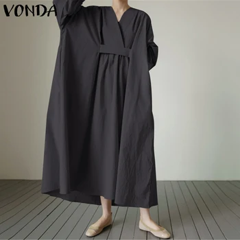 Solid Dress VONDA 2021 Women есен Casusal V образно деколте с дълъг ръкав нагънат дълги рокли макси плюс размер елегантен халат Бохемска Vestido
