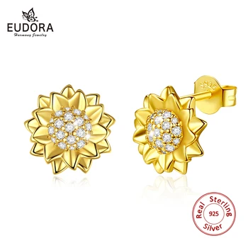 EUDORA Real 925 стерлинги сребърни Кристали CZ обеци на слънчогледа Родословни 18K злато цвете обеци, мода Молец за жени, бижута E126