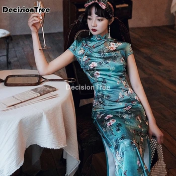 2021 ориенталски Цветен принт атлас жени qipao с къс ръкав реколта етап на шоуто рокли китайското облечи китайското традиционната рокля