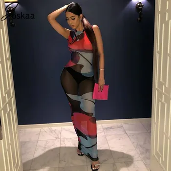 Joskaa Mesh Print Sleeveles Секси Club Ленти Long Party Dress Women Summer Fashion Dresses 2020