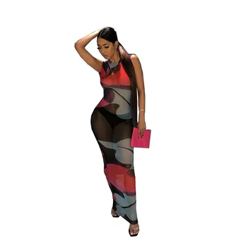Joskaa Mesh Print Sleeveles Секси Club Ленти Long Party Dress Women Summer Fashion Dresses 2020