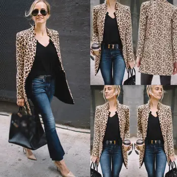Гореща разпродажба мода OL работно облекло със средна дължина, якета реколта леопардовые печатни якета, потници Дамски есенни блейзери с дълъг ръкав секси палто