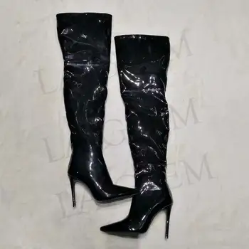 LAIGZEM стилни дамски ботуши над коляното на висок ток ботуши до бедрата черни блестящи Botas Feminina Botines Mujer голям размер 4-14