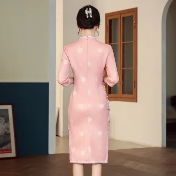 Ново просто замшевое рокля Рокля сгущает традиционната момиче Рокля на розови рокли със средна дължина Qi Половината ръкави 3XL