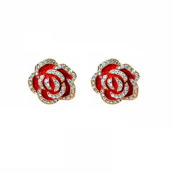 2020 Hot Luxury Silver Plated AAA Zircon Red Rose Flower Stud Earring For Women Trendy Female Jewelry Party Valentine Gifts
