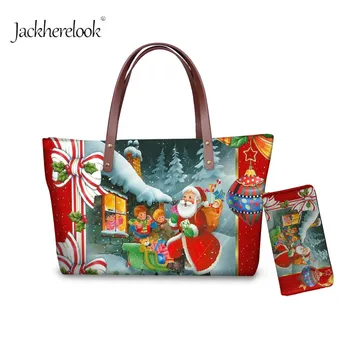 Jackherelook мода Коледа Pattern чантата си и чанта, комплект за жени Дядо Коледа дизайн чантата си и Чанта дамска кожена чанта