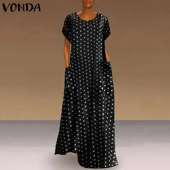 Партия сарафан жени, стари печатни Макси дълга рокля 2021 VONDA летен халат с дълъг ръкав Dot Printed Maxi Long Plus Size Vestido
