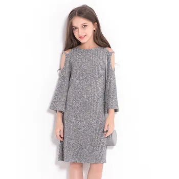 Рокля за малки момичета Есен-Зима европейски стил сива рокля без презрамки А-линия пуловер, рокля деца пуловер с дълъг ръкав облекло